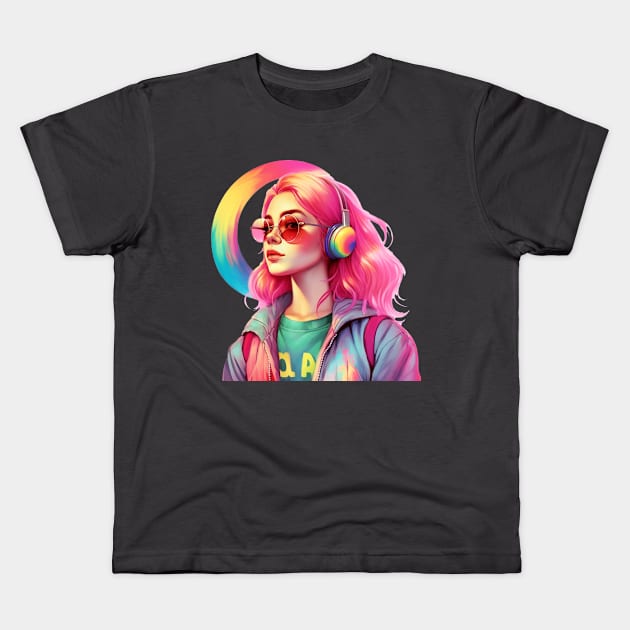 beautiful young girl in headphones with a rainbow Kids T-Shirt by KaterynaKet